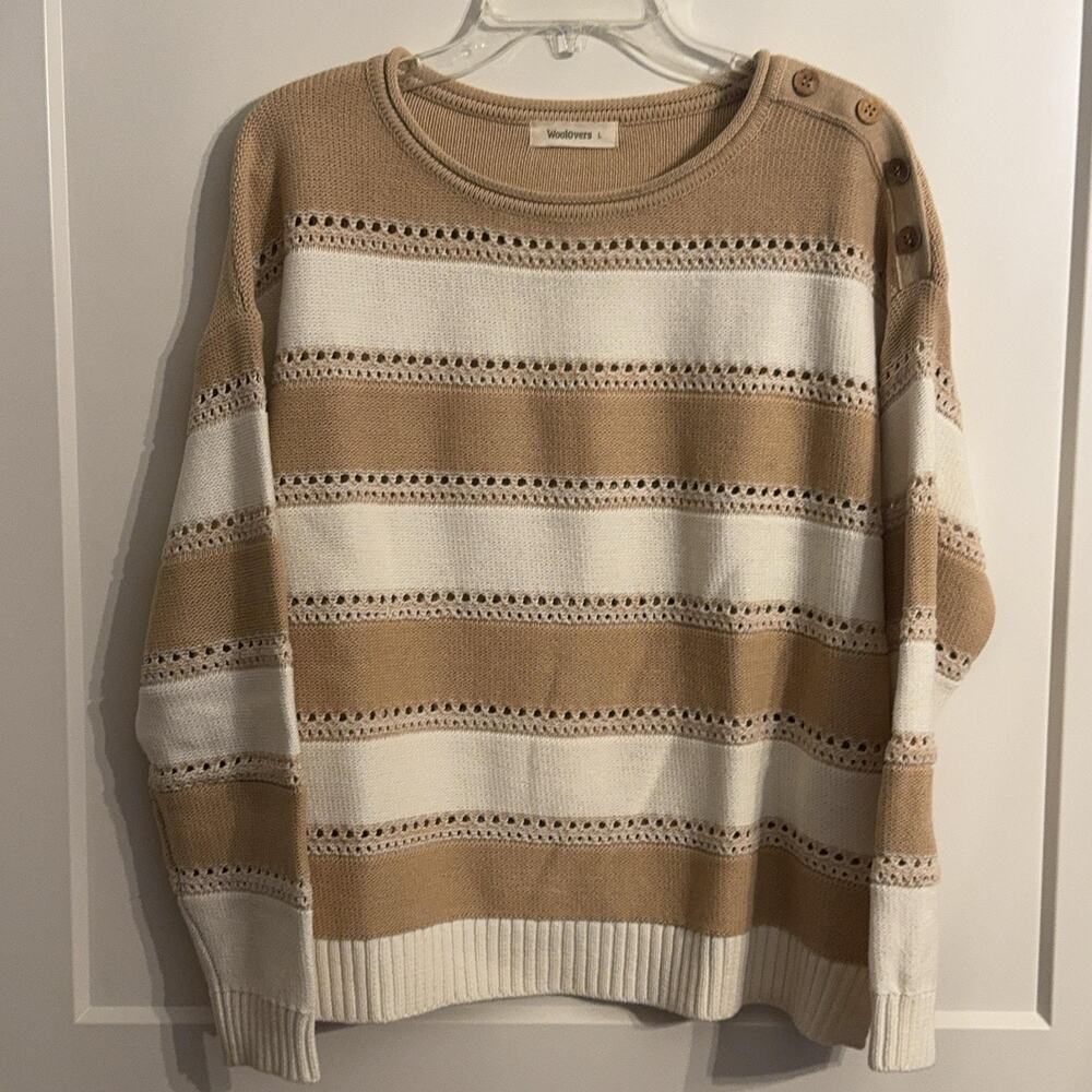Woolovers Sweater Sz L Beige Striped Cotton Button Shoulder Crew Neck Preppy